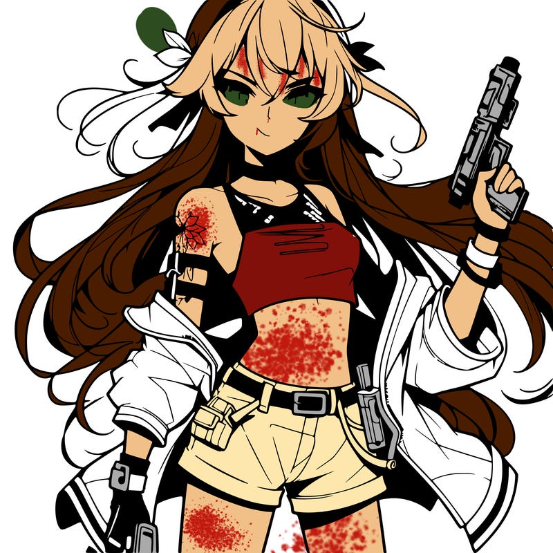 bad girl wearing crop top holding a gun long hair anime