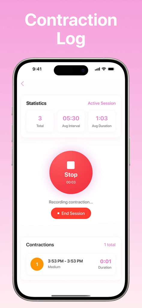 Contraction Timer Tracker . - Pantalla de Registro de Contracciones en un teléfono móvil que muestra estadísticas de parto y una grabación de contracción activa.