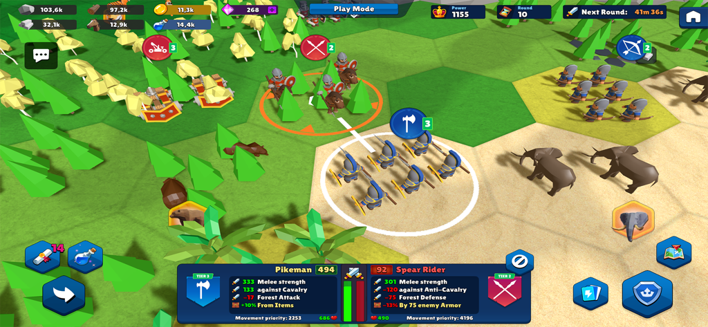 Domination Dynasty: Turn-Based - Batalla táctica por turnos en un mapa de cuadrícula hexagonal con Piqueros y Jinetes de Lanza con estadísticas de unidad