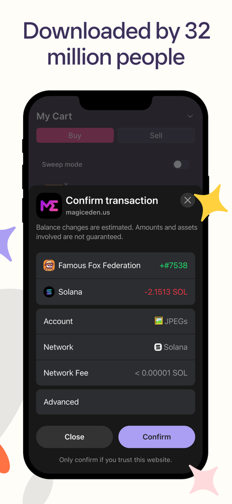 Phantom - Crypto Wallet - Phantom App-Oberfläche zeigt eine Transaktionsbestätigung für einen NFT-Kauf im Solana-Netzwerk