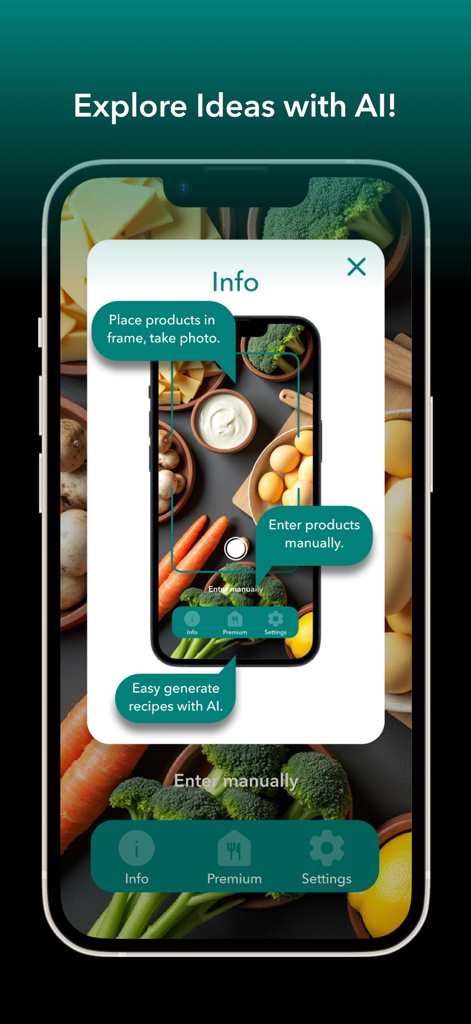AI Kitchen Chef | Food Recipes - AIキッチンシェフアプリのチュートリアル画面。食材のスキャンとレシピ生成について説明しています。