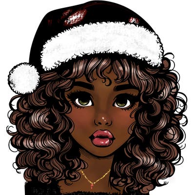realistic girl with a santa hat curly hair and lips