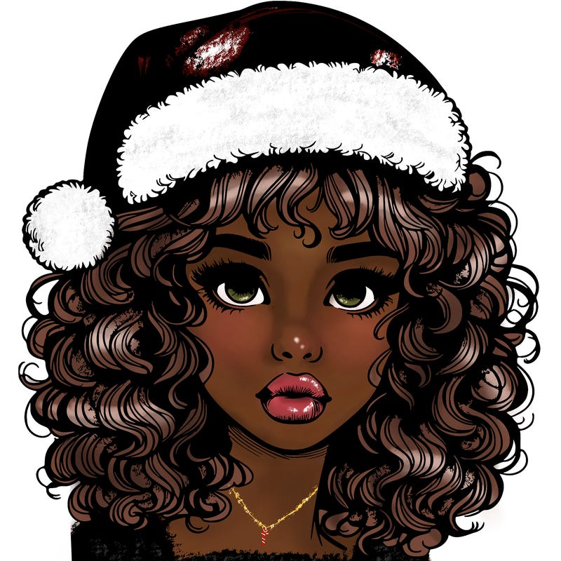 realistic girl with a santa hat curly hair and lips