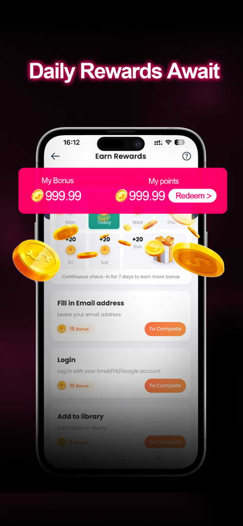Booktok - Booktok Official App - Una interfaz de aplicación móvil titulada 'Recompensas Diarias Te Esperan' que muestra un calendario de registro diario con monedas de oro y una lista de tareas como 'Rellenar dirección de correo electrónico' y 'Iniciar sesión para ganar bonificaciones'.
