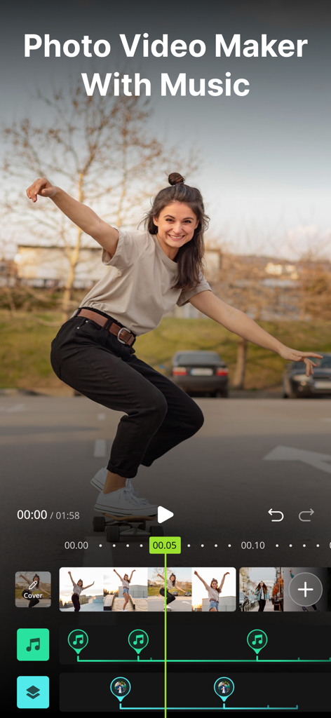 Mobile app interface of BeatMix showing a video of a girl skateboarding on a timeline with music sync markers