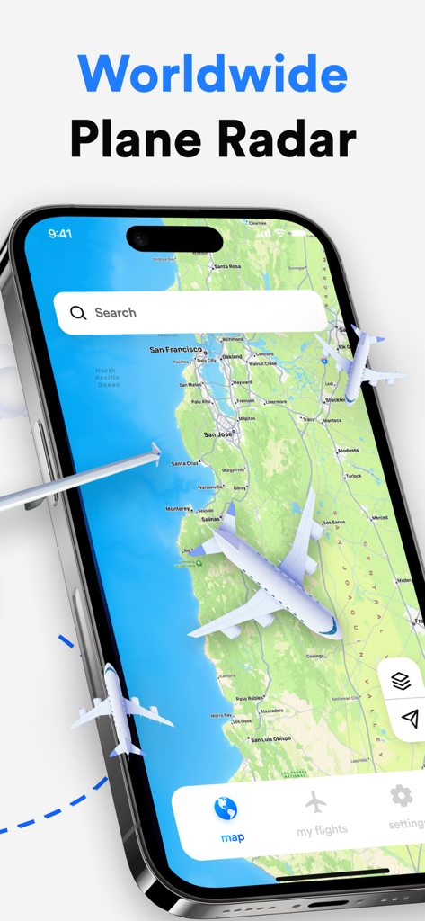 Flight Tracker - Live Radar. - Smartphone che visualizza una mappa radar di volo live con aeroplani su una regione costiera