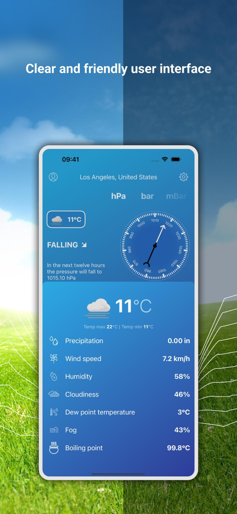 My Barometer and Altimeter - User interface of My Barometer and Altimeter app showing a barometric pressure gauge and detailed weather data