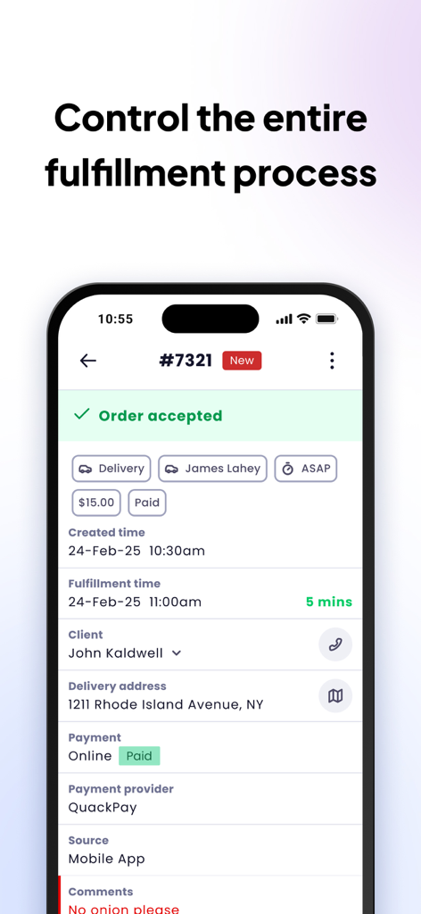A mobile screenshot of the UpMenu app showing detailed restaurant order fulfillment including delivery status customer info and payment details