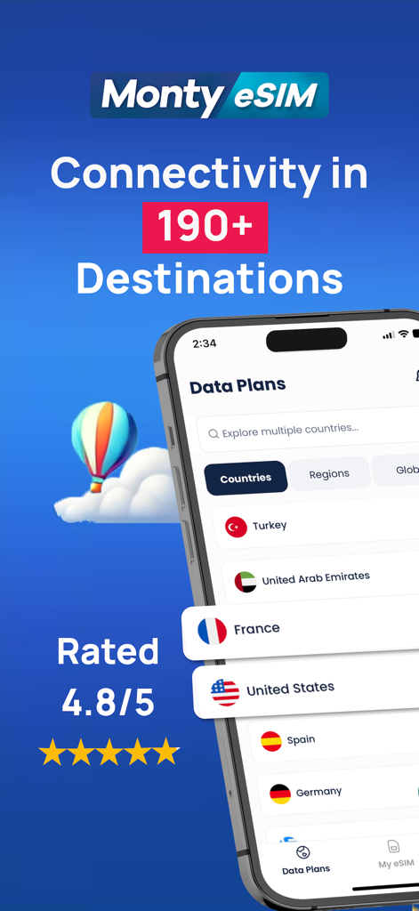 190カ国以上の海外モバイルデータプランを表示するMonty eSIMアプリのインターフェース