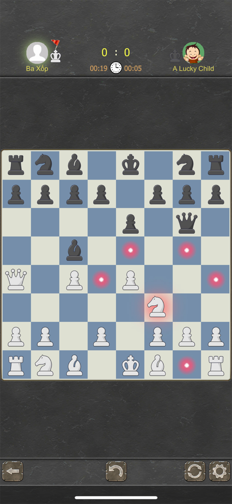 Chess Origins - 2 Players - Mobile chess game showing a match against the Lucky Child AI with move highlights