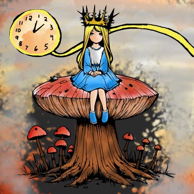 realistic girl sitting on a huge tree stump size toadstool with thorn crown