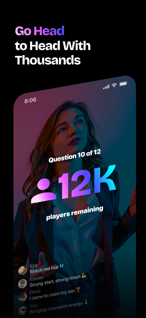 Game show ao vivo no aplicativo Sway mostrando doze mil jogadores restantes e vídeo do apresentador