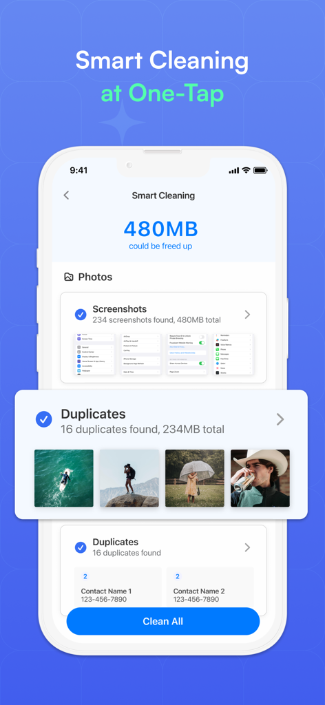 Clean Phone Storage Now - Interface of the Clean Phone Storage Now app showing smart cleaning options for screenshots and duplicate photos