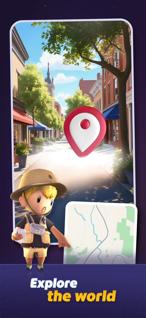 Explorer avatar in GeoGuessr app with street view and location pin