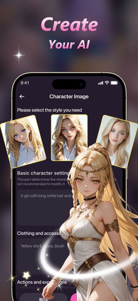 Interface of the Chatto app showing options to select and customize the visual style of an AI character.