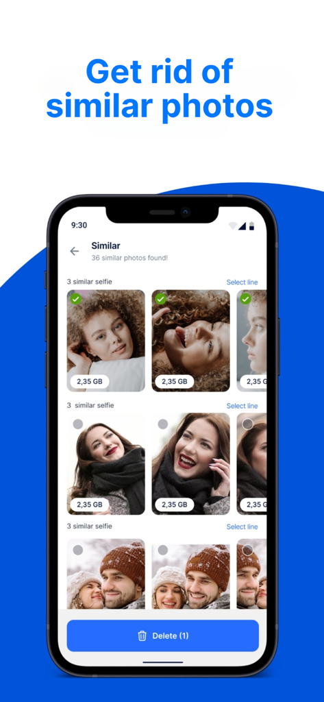 Cleaner X: Phone Photo Cleanup - Cleaner X app interface showing groups of similar selfies and photos organized for deletion to free up storage space