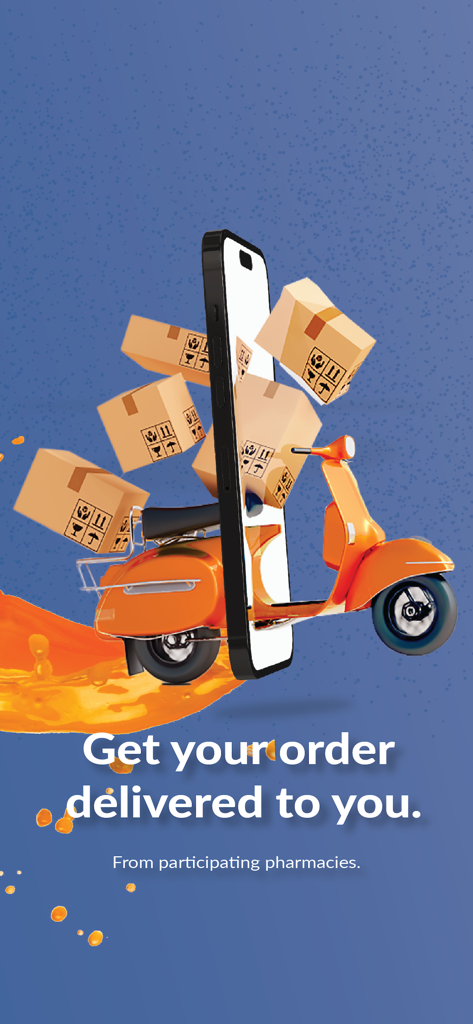 MyTLC Health Companion - Orange delivery scooter passing through a smartphone screen with pharmacy boxes