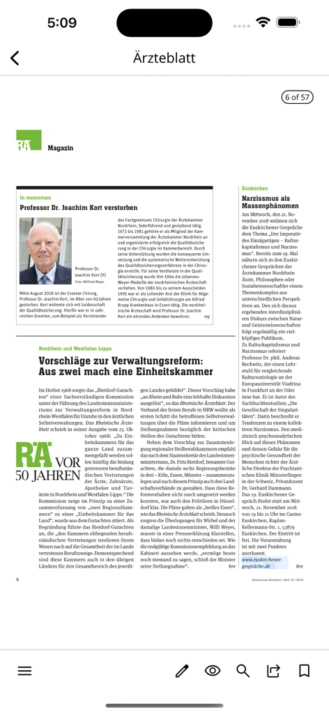 Rheinisches Ärzteblatt RÄ - Digital magazine page within the Rheinisches Ärzteblatt app featuring German medical articles.