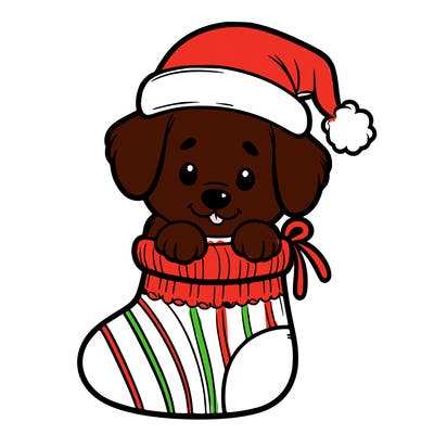 cute puppy wearing santa hat in socking
