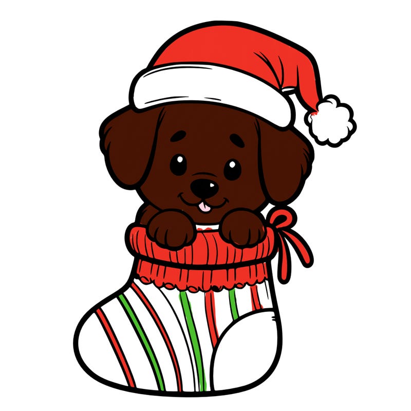 cute puppy wearing santa hat in socking