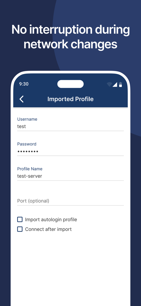 プロファイルインポート設定とシームレスなネットワーク再接続機能を表示するOpenVPN Connectインターフェイス。