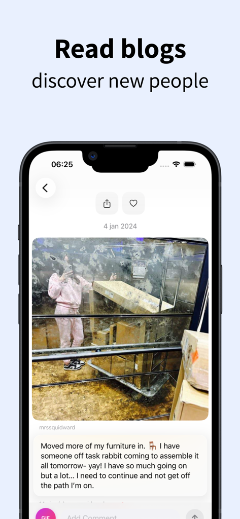 BlogIt - diary, journal, blog - The BlogIt app interface showing a personal blog post with an image and text caption on an iPhone screen