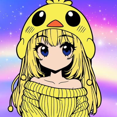 anime girl with chick shaped hat with sweater with bare shoulders with bangs covering them one eye with low tail