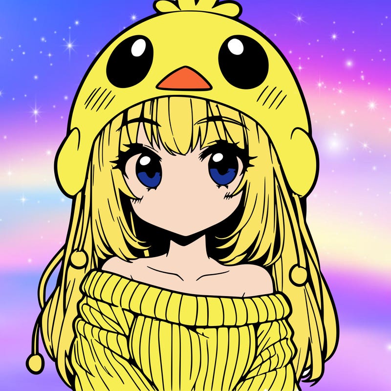 anime girl with chick shaped hat with sweater with bare shoulders with bangs covering them one eye with low tail