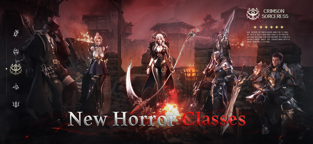 Age of Ashes: Dark Nuns DE - Character selection screen showing five dark fantasy horror classes in Age of Ashes Dark Nuns DE