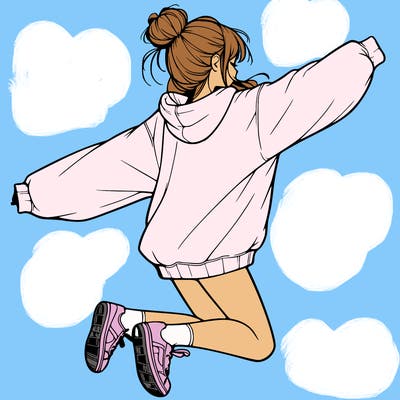 realistic girl jumping with a bun and oversized sweatshirt