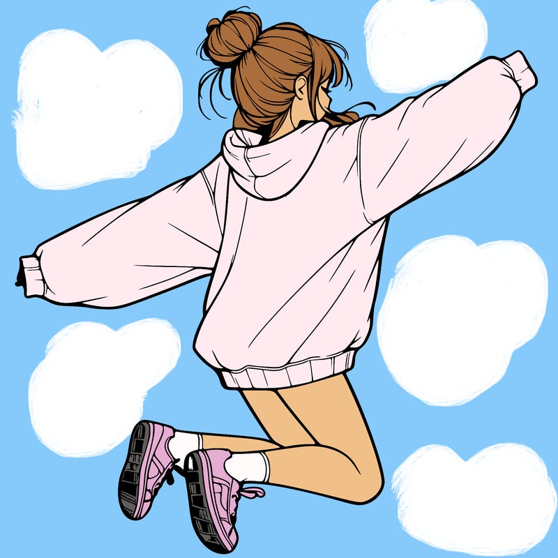 realistic girl jumping with a bun and oversized sweatshirt