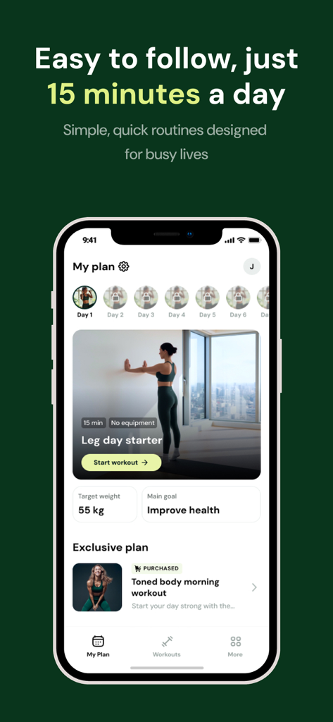 Smartphone screen displaying a 15-minute daily workout plan on the Lasta Fit wellness app