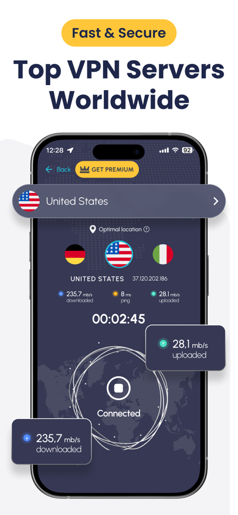 United VPN - Fast & Secure DNS - United VPN app interface showing connection speed and global server selection