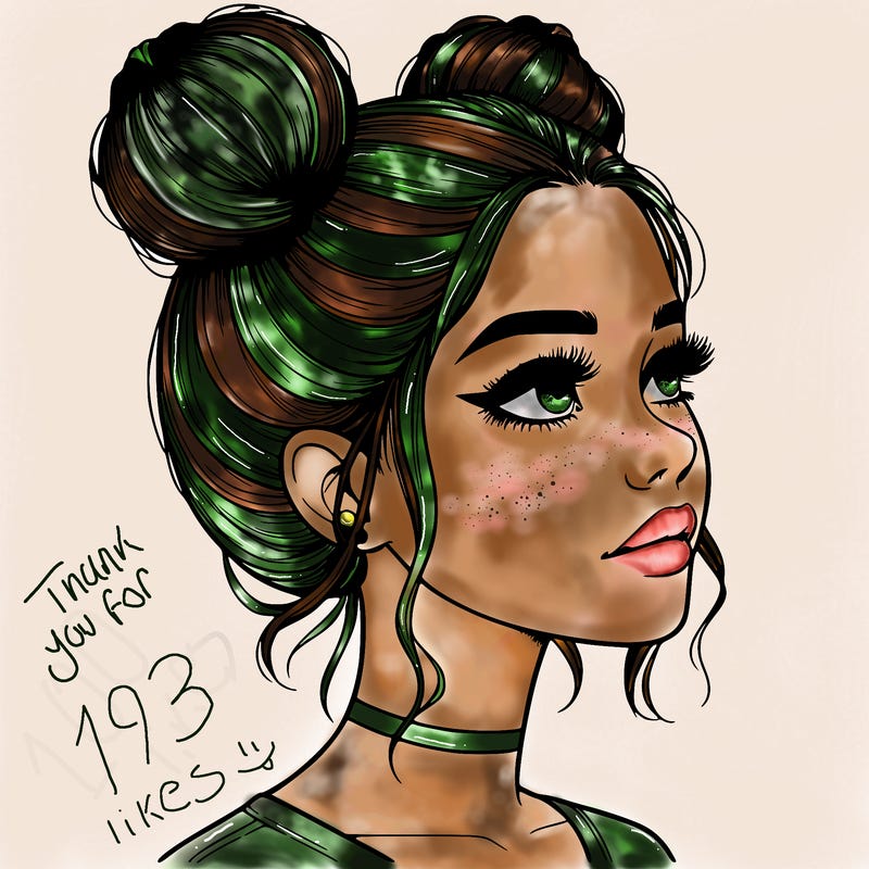 realistic girl with buns on the top of her head