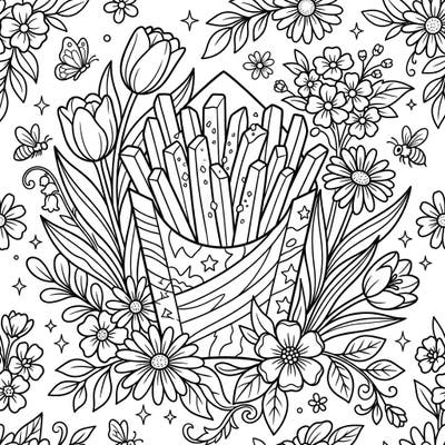 Unleash your creativity with this delightful coloring page, where crispy golden French fries meet the vibrant beauty of a spring garden. This unique design offers a charming blend of savory delight and blooming nature, perfect for a relaxing coloring session.