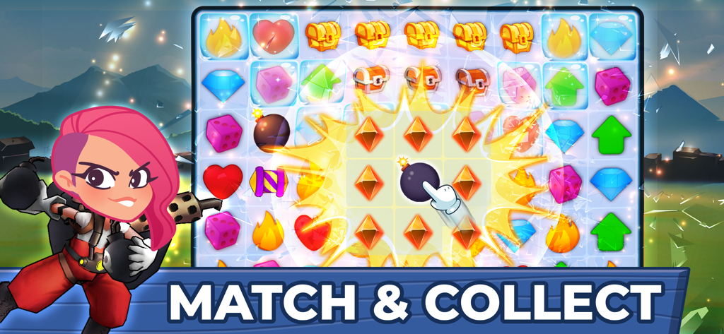 A match-3 puzzle gameplay screen from the Athene AI Heroes app featuring a grid of icons and a character.
