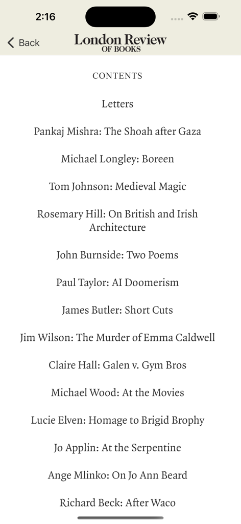 Table of contents screen of the London Review of Books app showing a list of featured articles and authors