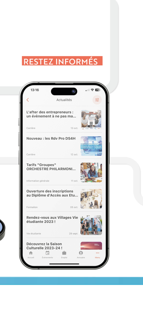 UniCA & moi - News feed on the UniCA and moi app showing upcoming university alumni events and professional opportunities
