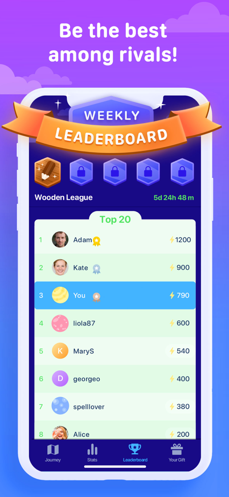 Spelling Bee app weekly leaderboard screen showing user rankings and scores