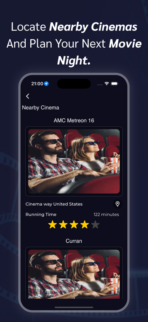 RAVE app screenshot showing nearby cinema locations and theater details