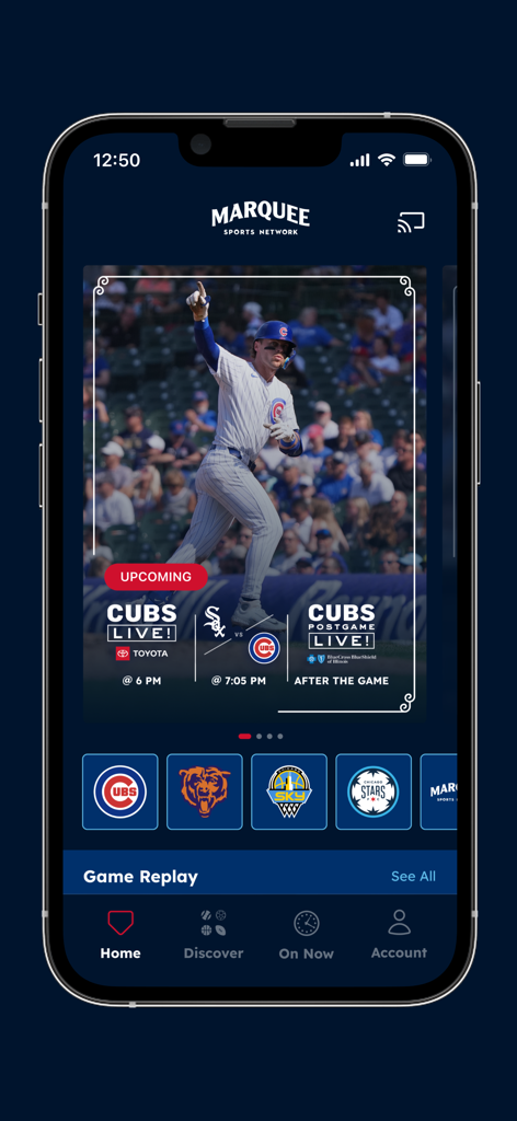 Marquee Sports Network app home screen on iPhone showing Chicago Cubs upcoming live game schedule and team icons.