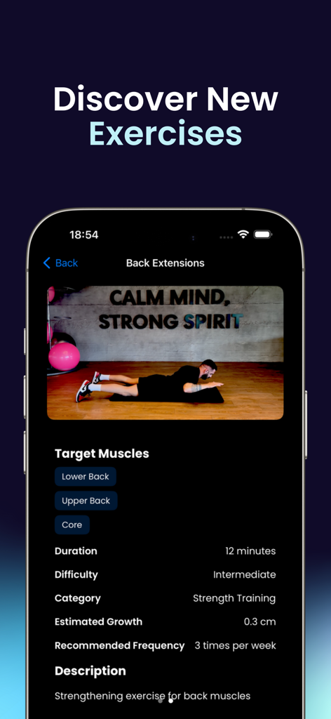 HeightMax app interface showing a back extension exercise tutorial with video target muscles and workout duration