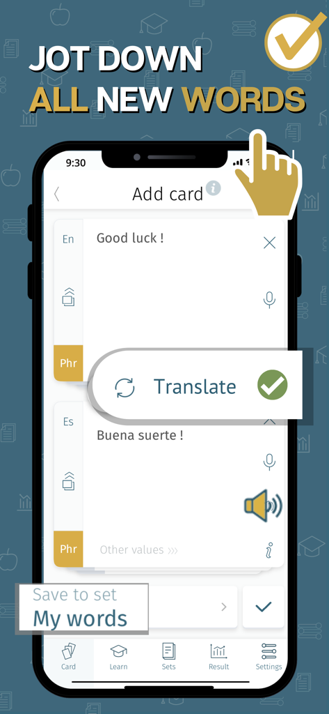 MemoWord: My FlashCards Maker - MemoWord app interface for adding and translating new vocabulary flashcards