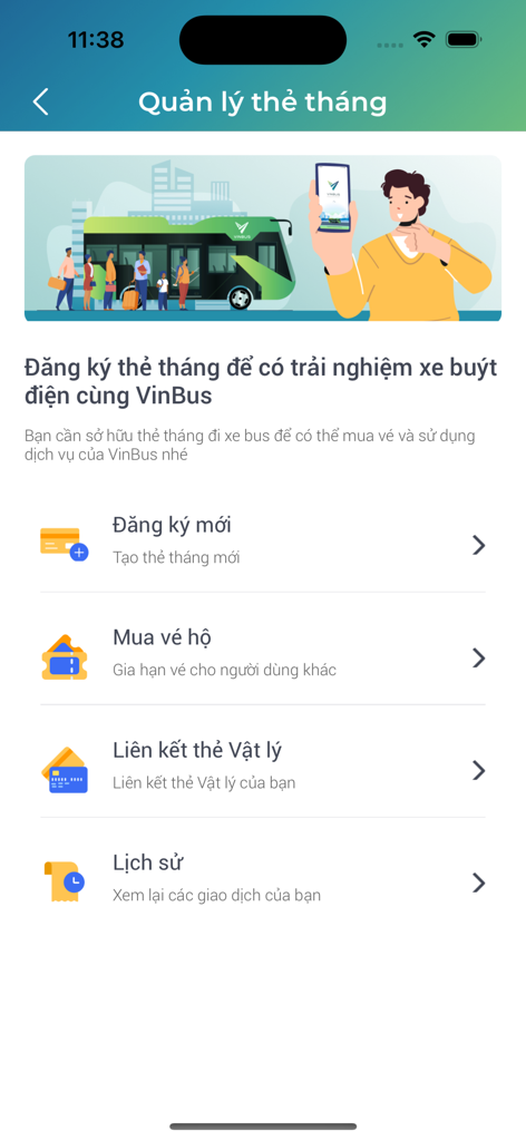VinBus app screen for monthly card management and ticket registration