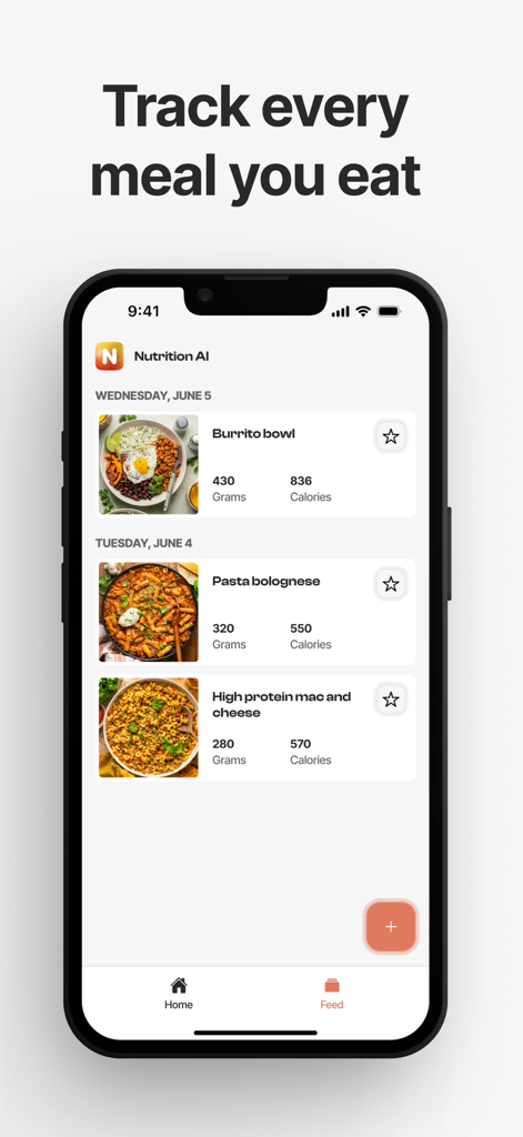 스마트폰 화면에 음식 사진 및 칼로리 데이터가 포함된 Nutrition AI 앱 식사 피드가 표시됩니다.