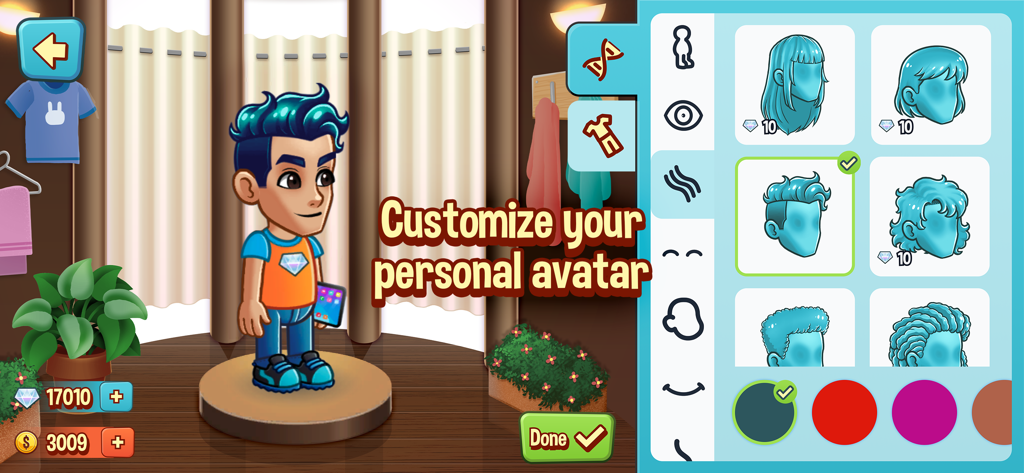 Ein Screenshot der Friendbase-App, der den Charakteranpassungsbildschirm zeigt, auf dem ein Benutzer Frisuren und Farben für seinen Avatar auswählen kann