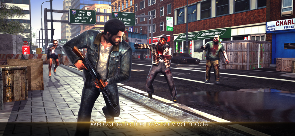 Death Invasion : Zombie Games - A survivor with a rifle facing zombies on a city street in Death Invasion