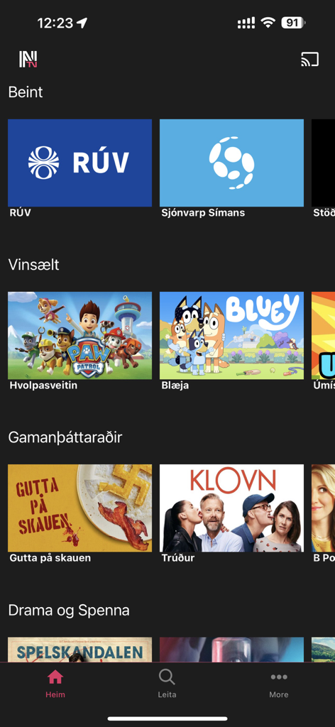 NovaTV sjónvarp - Homepage of NovaTV app displaying live Icelandic channels and popular television series.