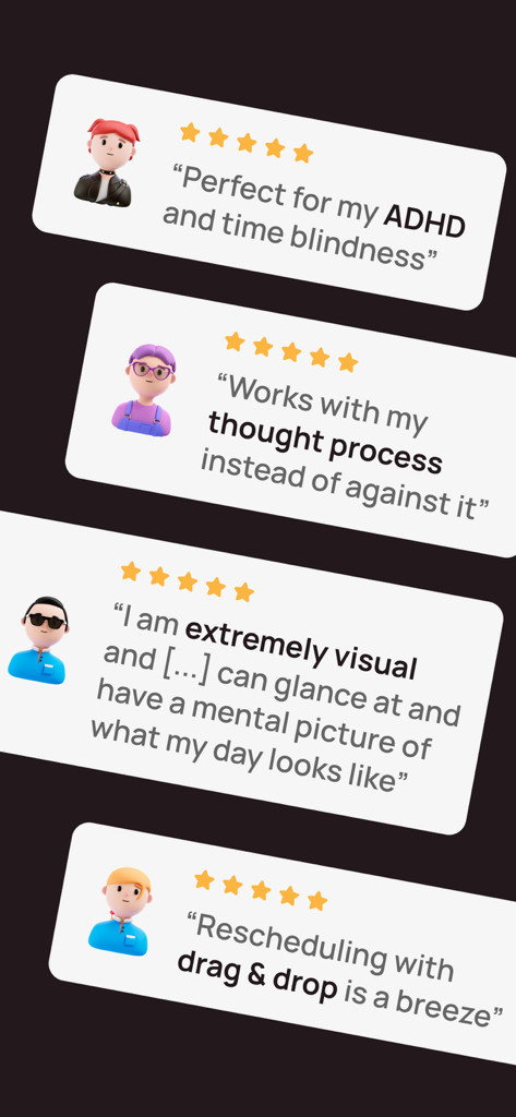 TimeFinder: Time Blocking - Four positive user reviews with five star ratings highlighting the app benefits for ADHD time blindness and visual planning