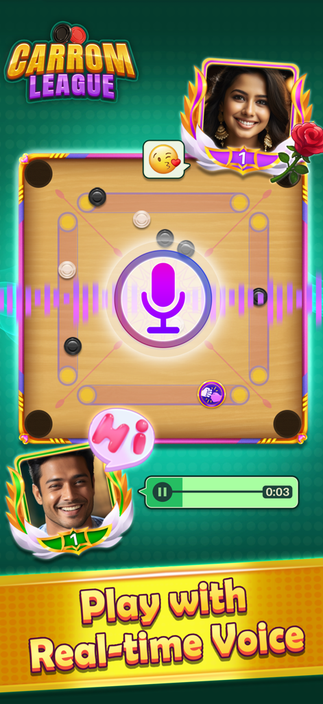 Carrom League mobile game screen showing players using the real-time voice chat feature during an online match.